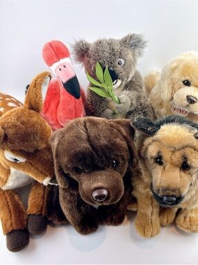 FAO Schwarz Rare 6 Plush Animal Lot : Deer, Flamingo, Koala German shepherd etc.
